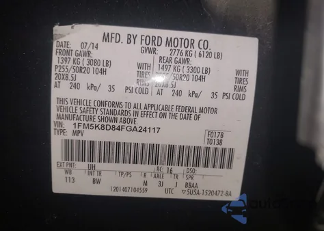 2015 Ford Explorer Xlt from USA, damaged, VIN 1FM5K8D84FGA24117